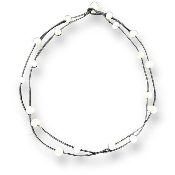 Genuine Pearl Double Strand Necklace Black Shiny Cord 17.5" - Picture 1 of 7